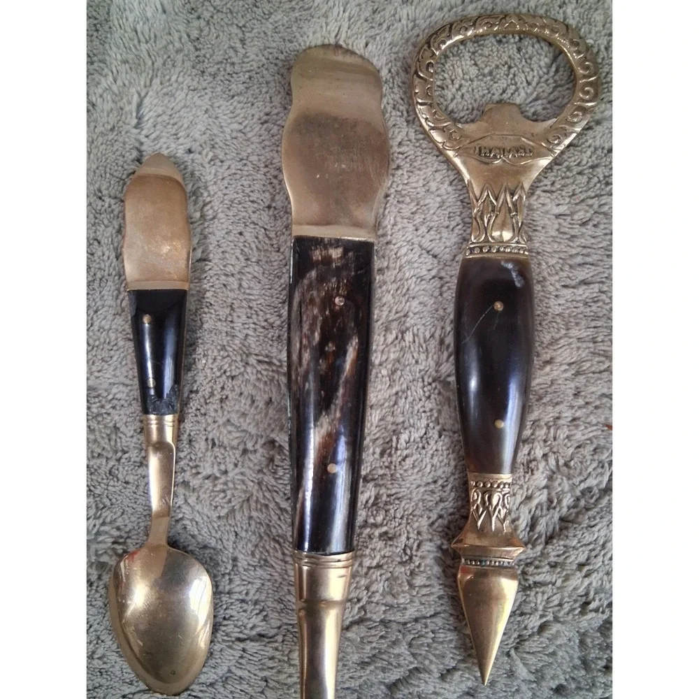 Vintage Siam Thai Brass & Buffalo Horn Barware Set Buddha Coffee Spoon Fork 3pc